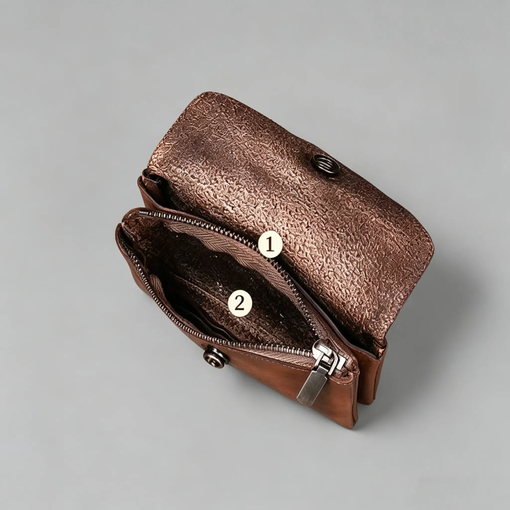 Brown leather wallet with zippers on a gray background