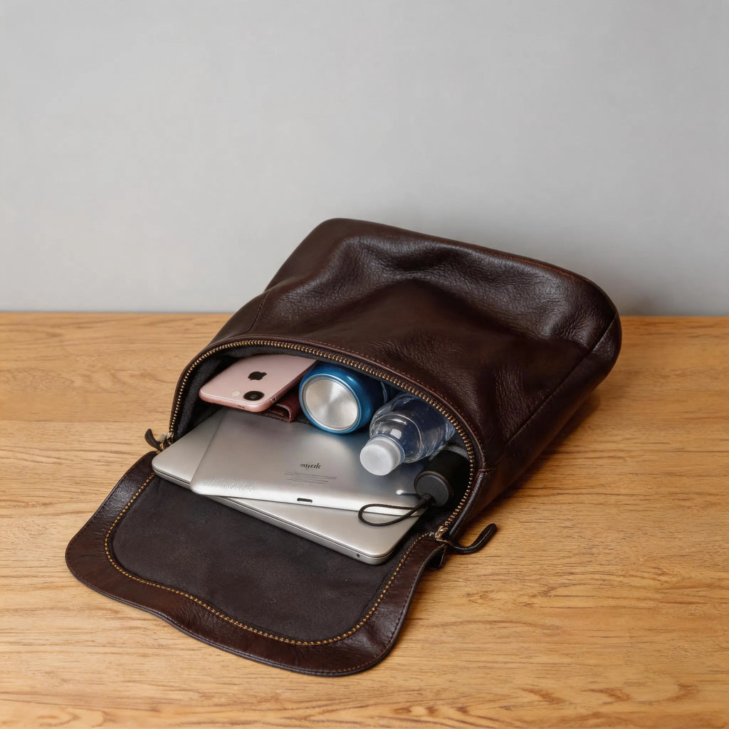 Brown leather pouch on a wooden surface with electronic devices and a water bottle inside.