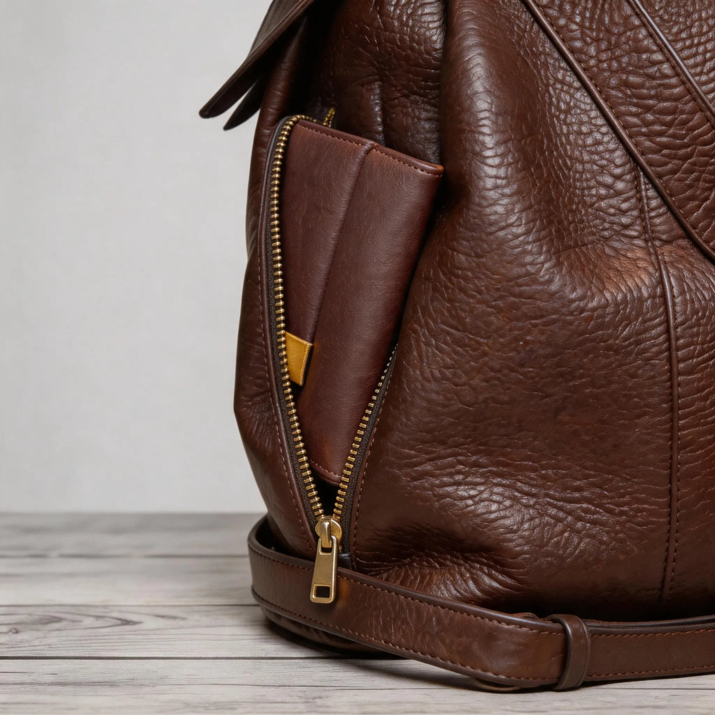 Brown leather backpack with a gold zipper on a wooden surface.