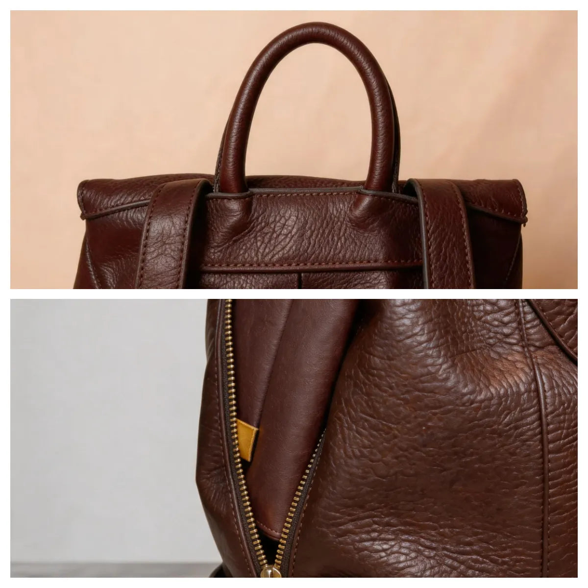 Brown leather handbag with handle and side view on a beige and gray background