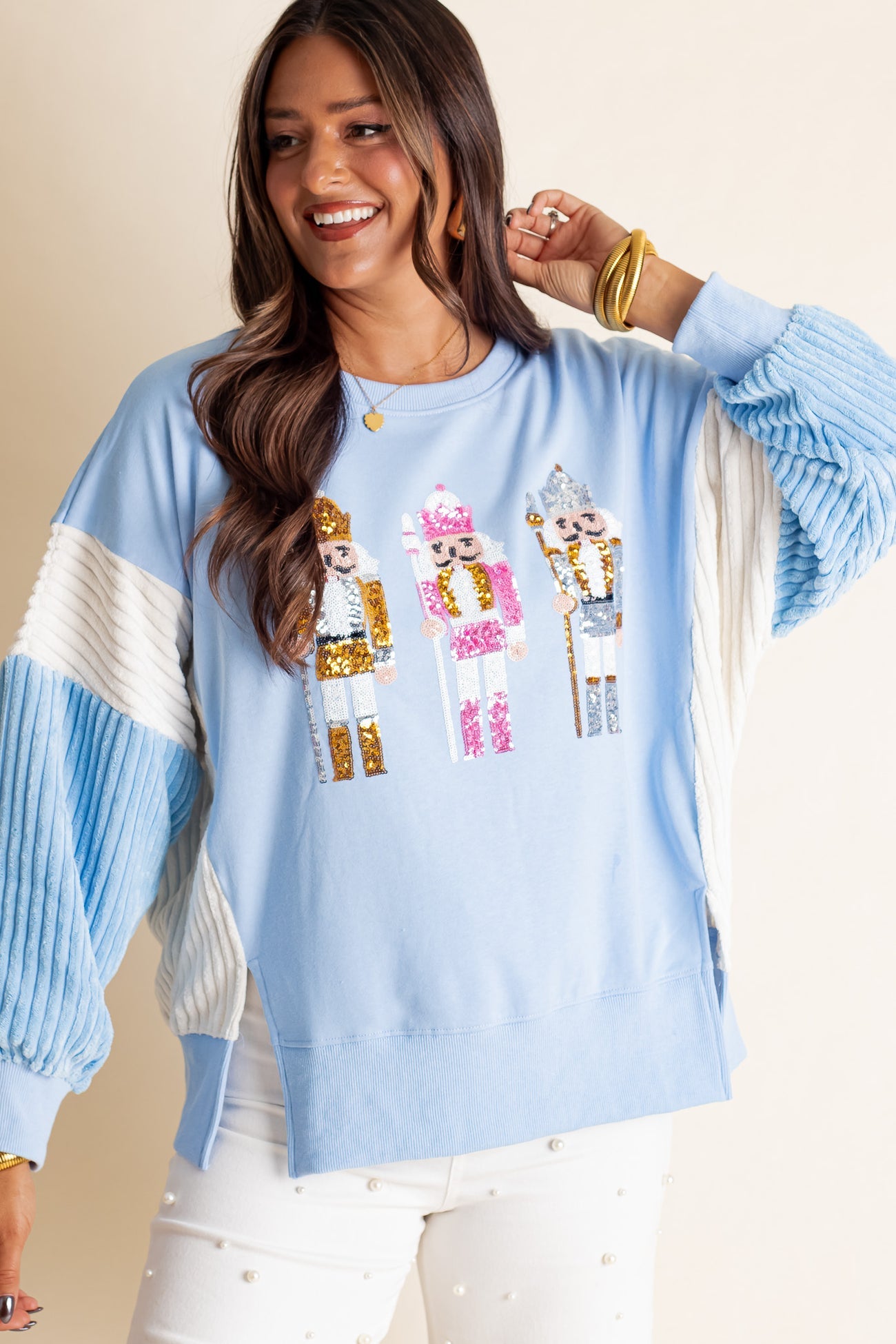Funny Sequins Nutcracker Soldier Graphic Slit Crewneck Long Sleeve Christmas Sweatshirt