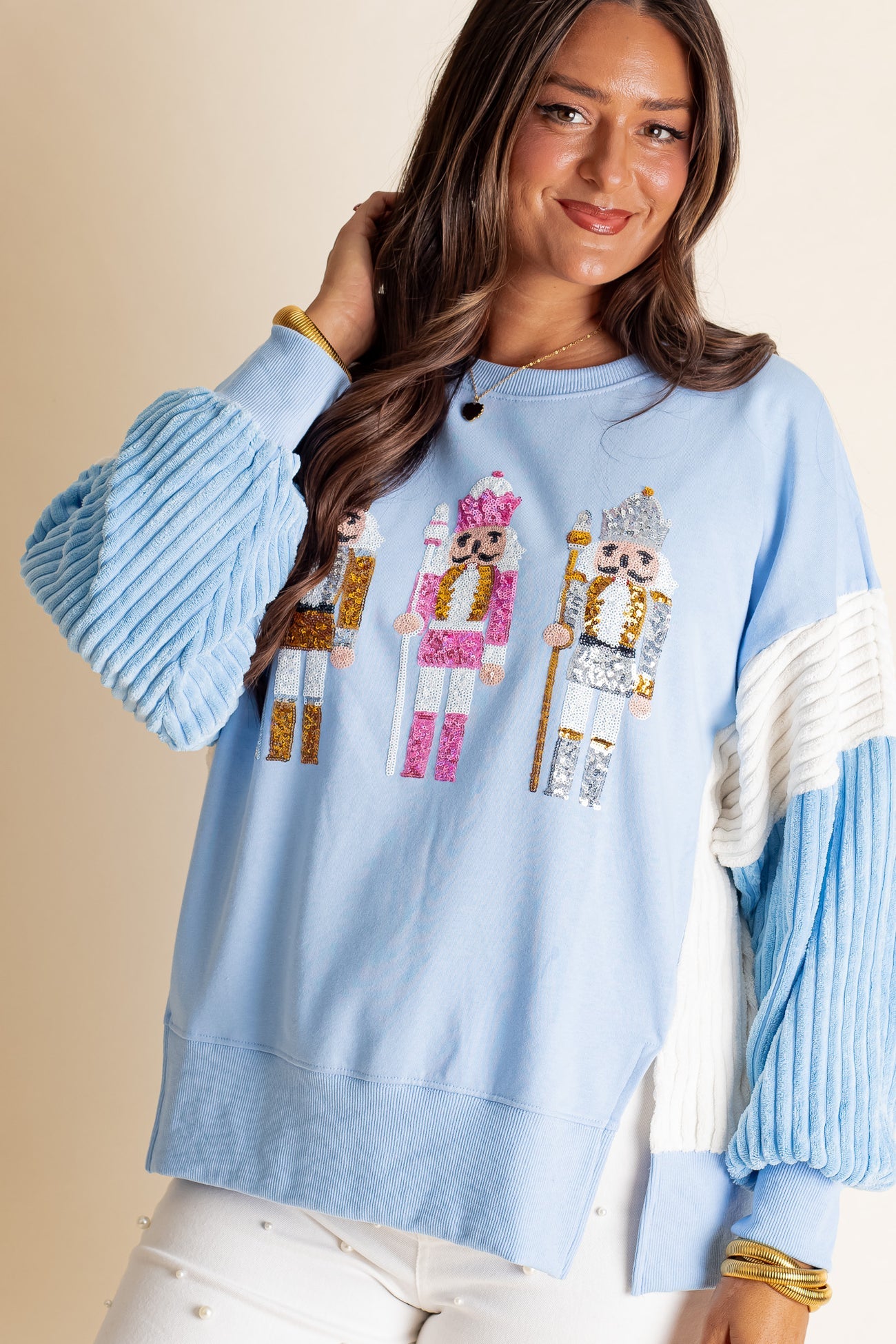 Funny Sequins Nutcracker Soldier Graphic Slit Crewneck Long Sleeve Christmas Sweatshirt