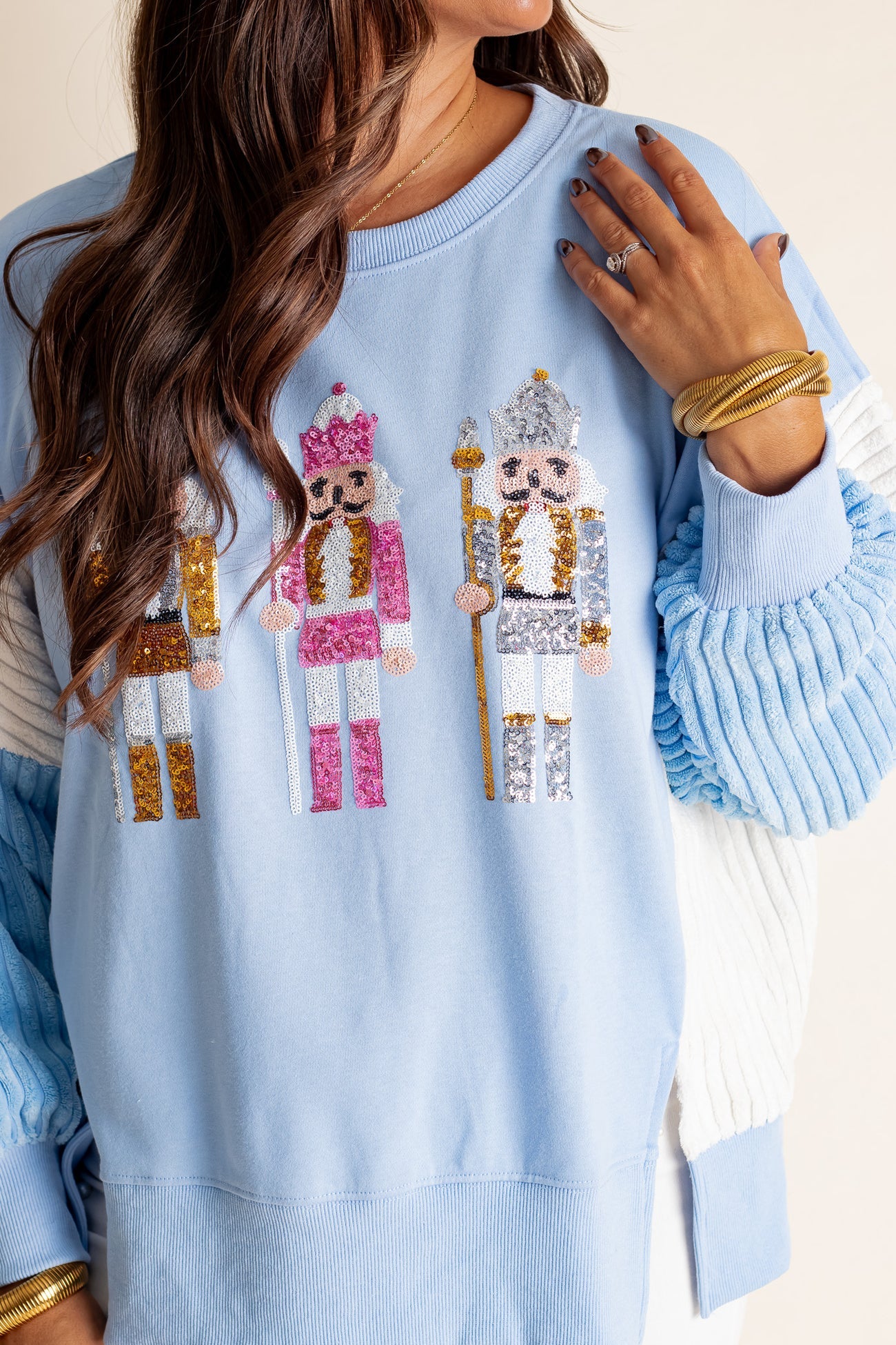 Funny Sequins Nutcracker Soldier Graphic Slit Crewneck Long Sleeve Christmas Sweatshirt