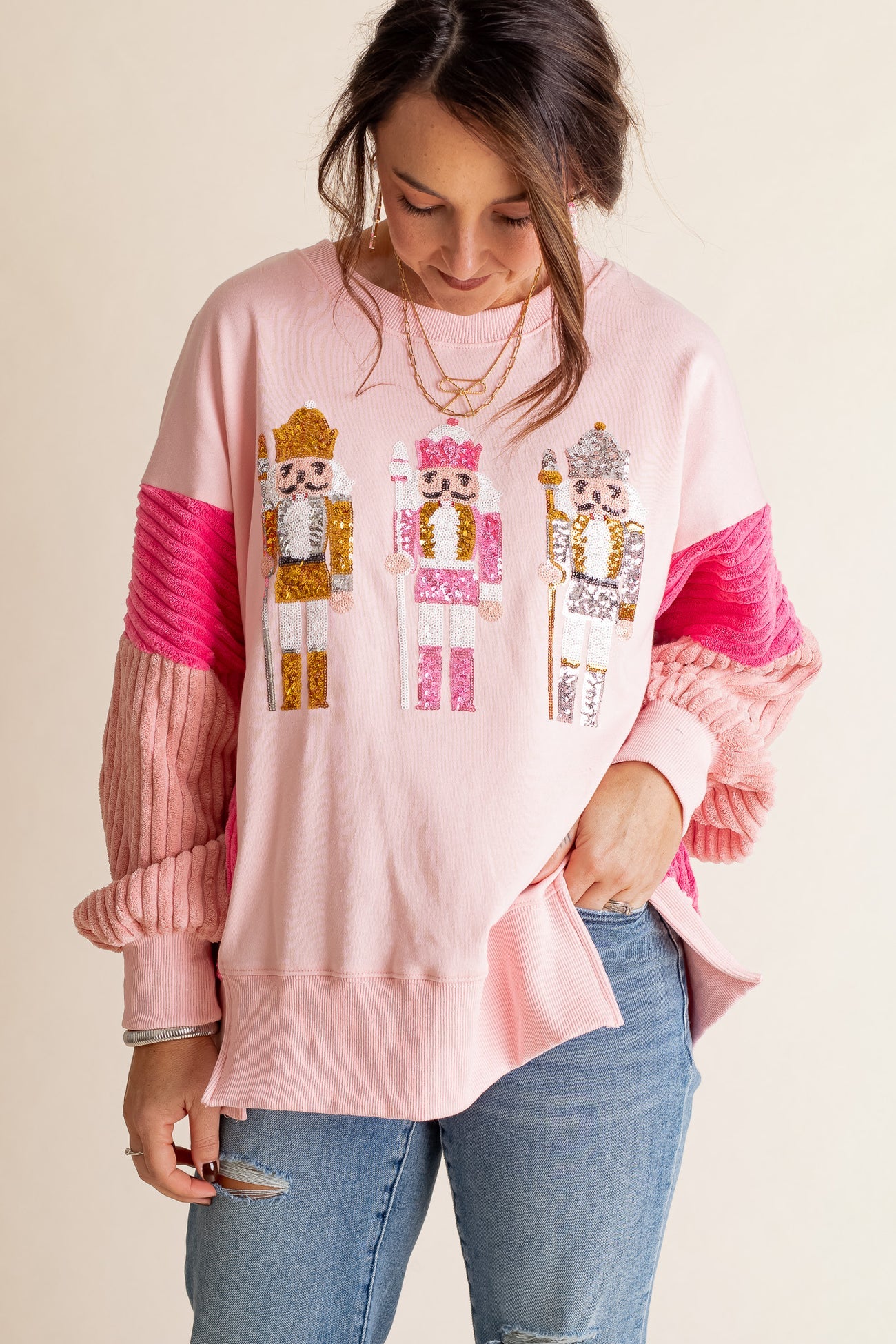 Funny Sequins Nutcracker Soldier Graphic Slit Crewneck Long Sleeve Christmas Sweatshirt