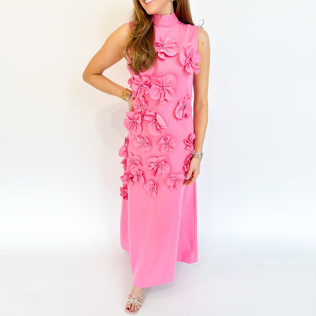 Elegant Sleeveless Mock Neck 3D Floral Maxi Dress