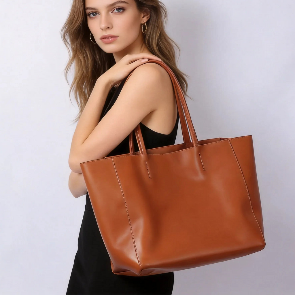 Woman holding a brown leather tote bag against a plain background