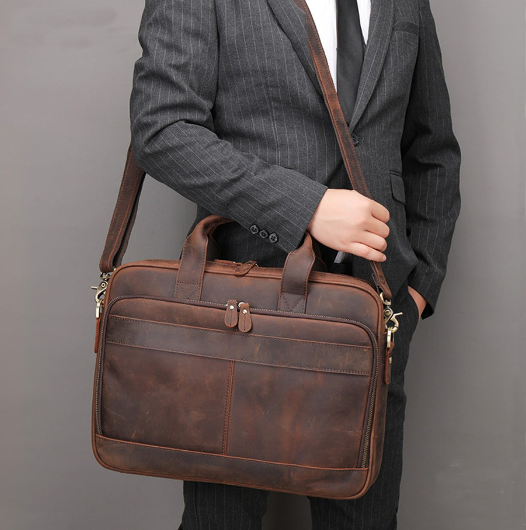Full Grain Leather Briefcase Mens Handmade Laptop Bag