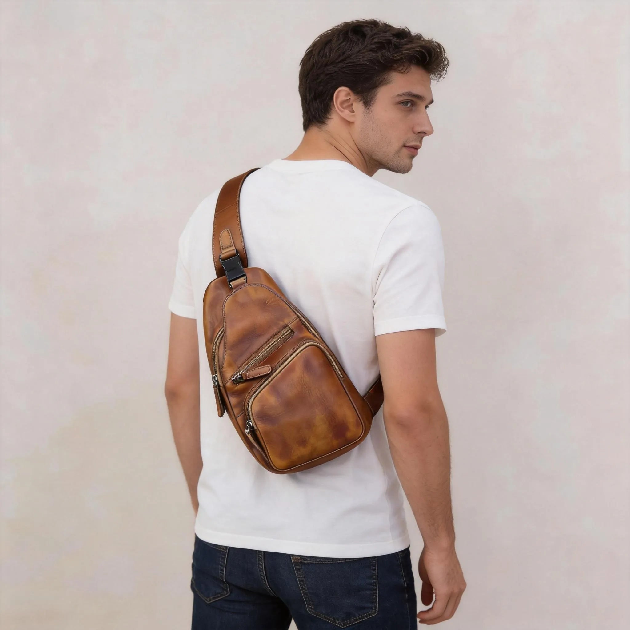 Man wearing a brown leather sling bag on a plain background