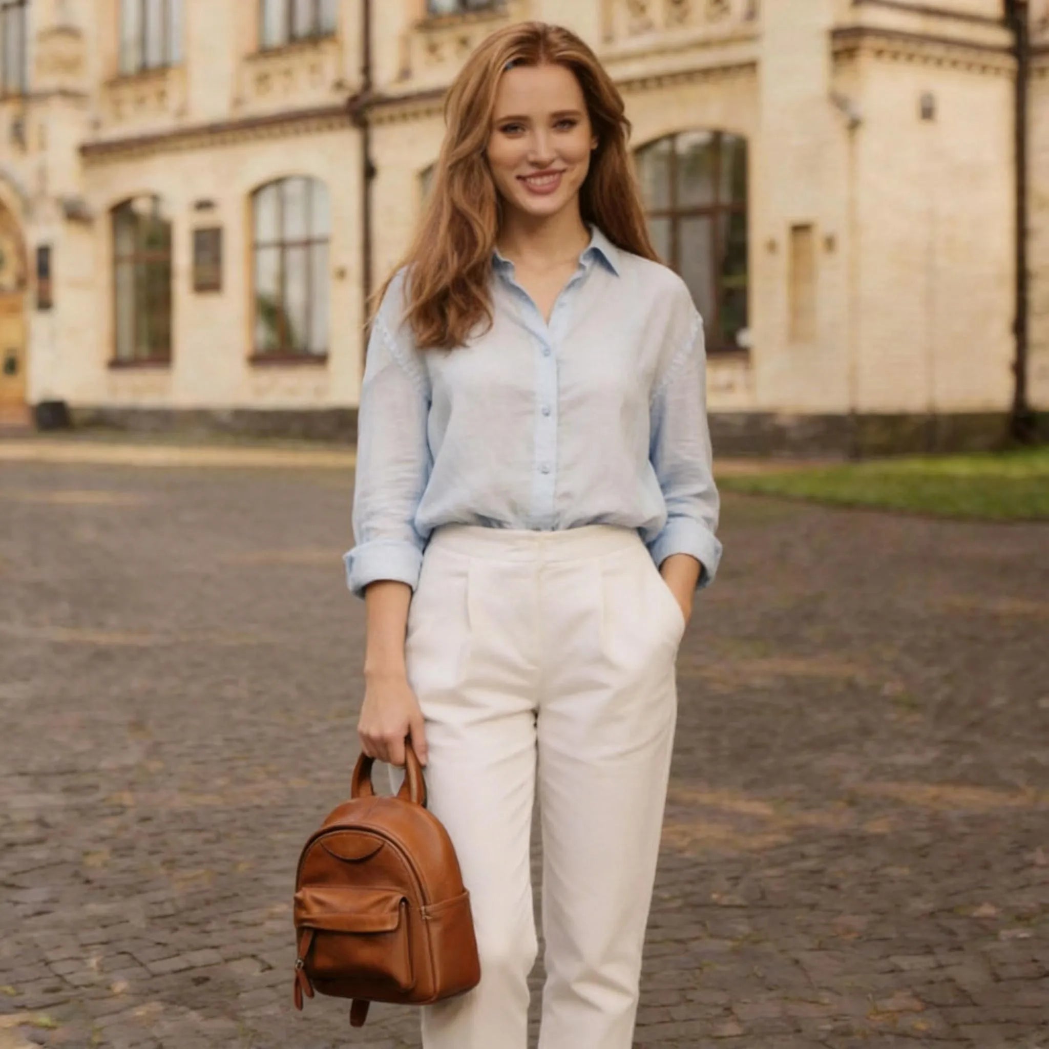 Woman holding a brown backpack in an urban setting