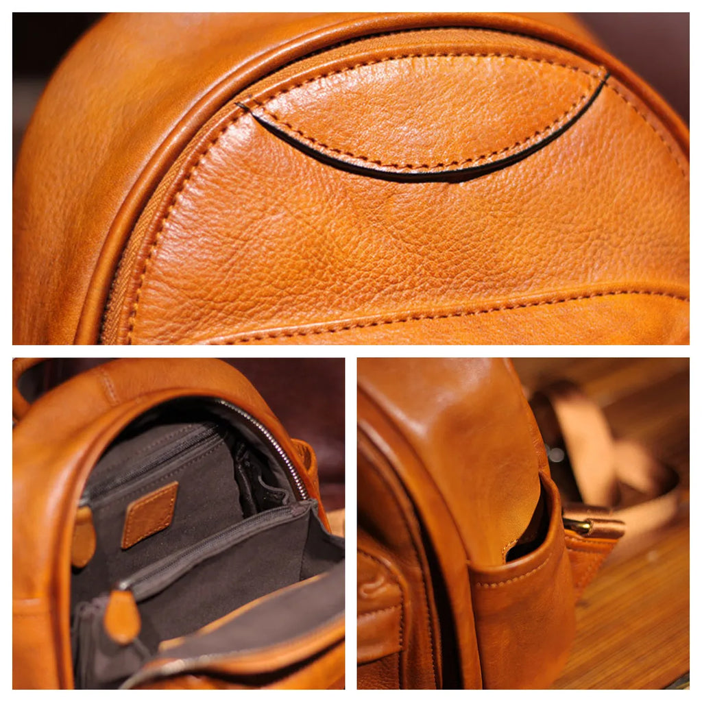 Collage of a brown leather bag with close-up details on texture, interior, and use.