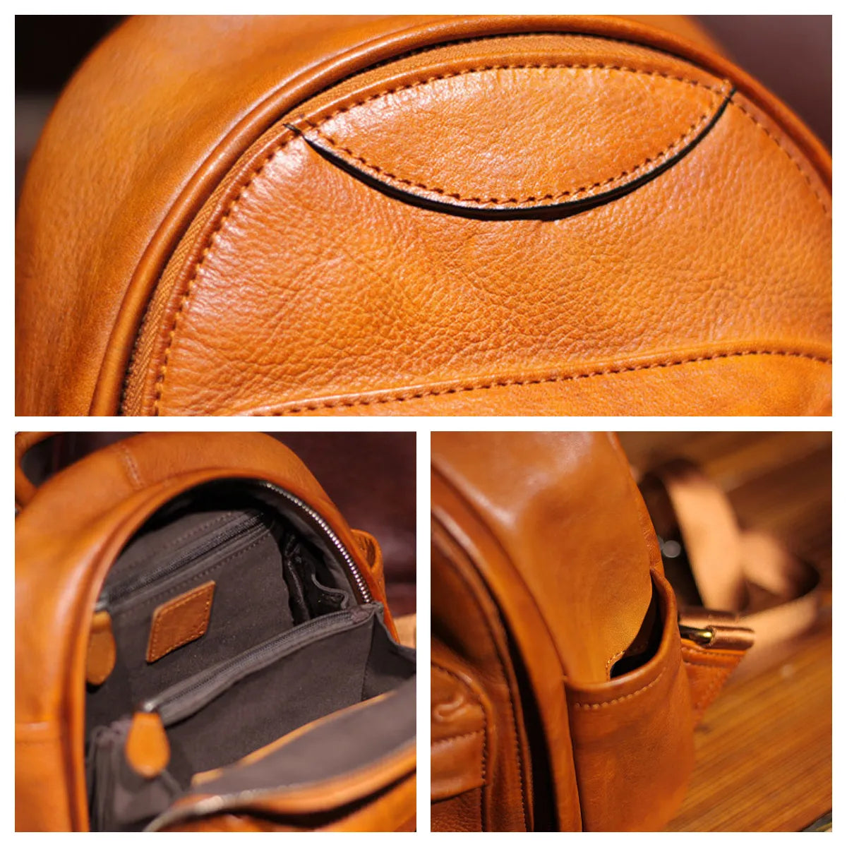 Collage of a brown leather bag with close-up details on texture, interior, and use.