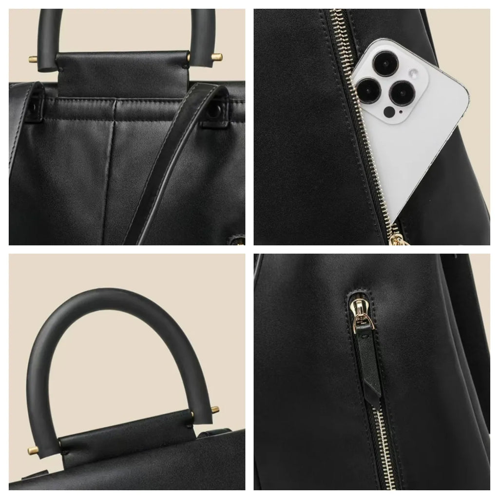Black handbag with handle, zipper, and phone pocket on beige background