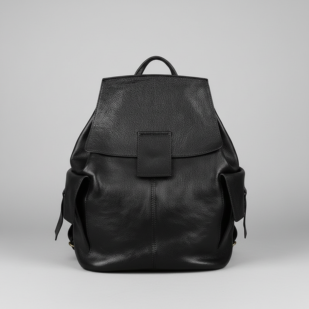 Black leather backpack on a gray background