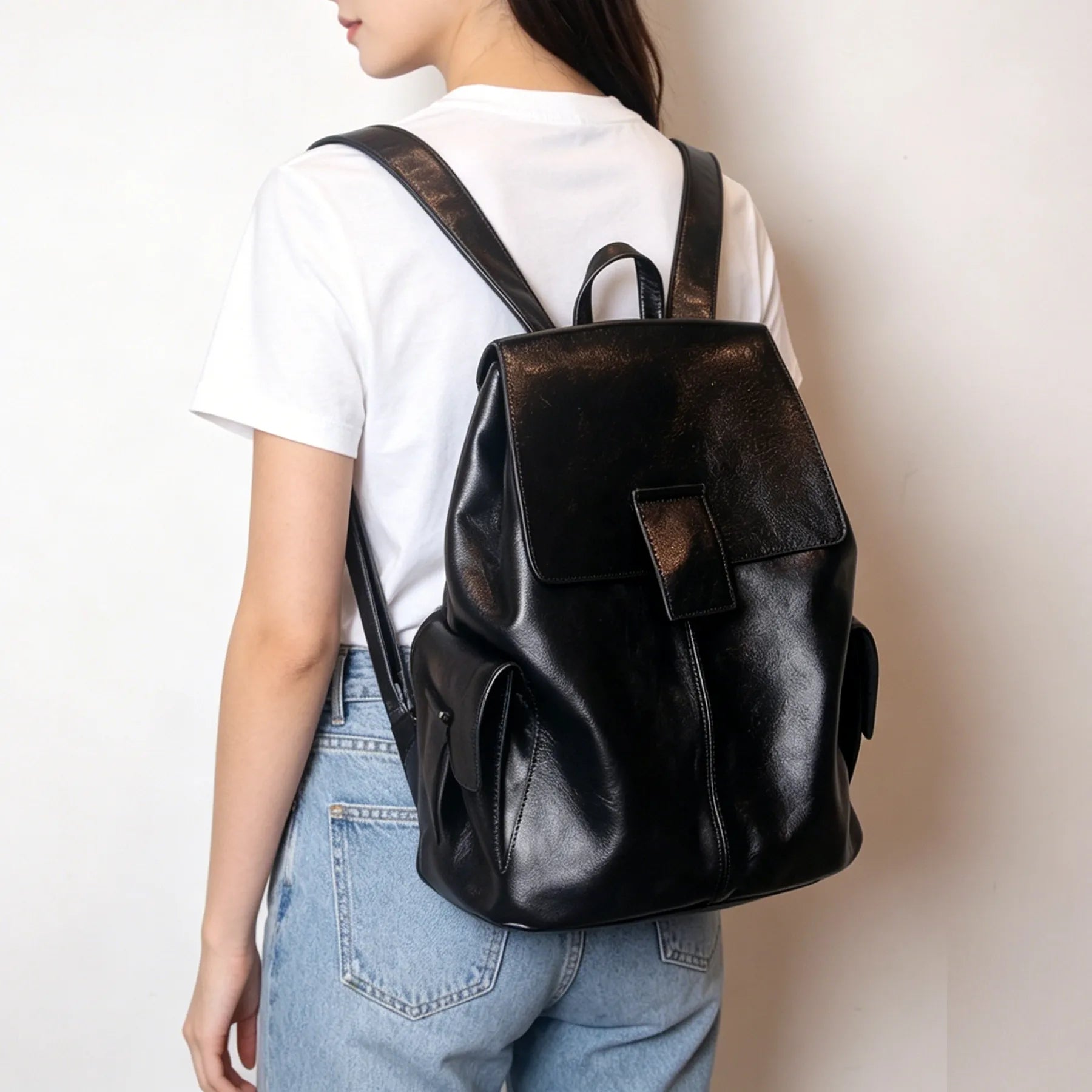 Minimalist Large Capacity Flap Black Top Grain Leather Backpack