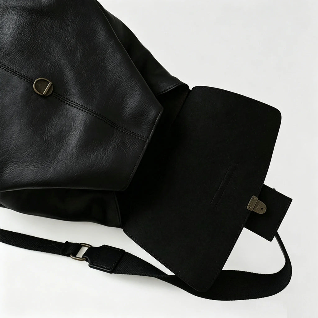 Minimalist Large Capacity Flap Black Top Grain Leather Backpack