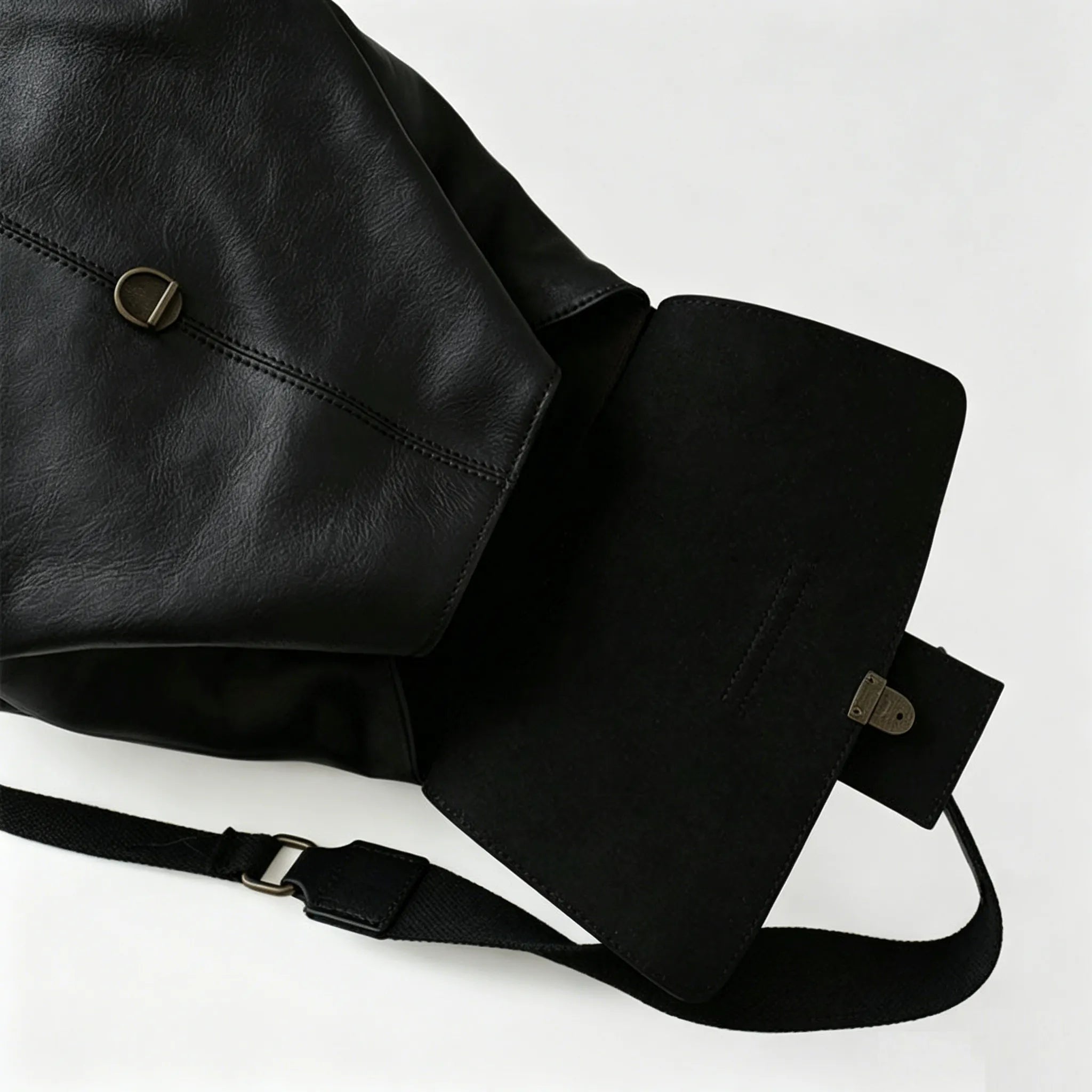 Minimalist Large Capacity Flap Black Top Grain Leather Backpack