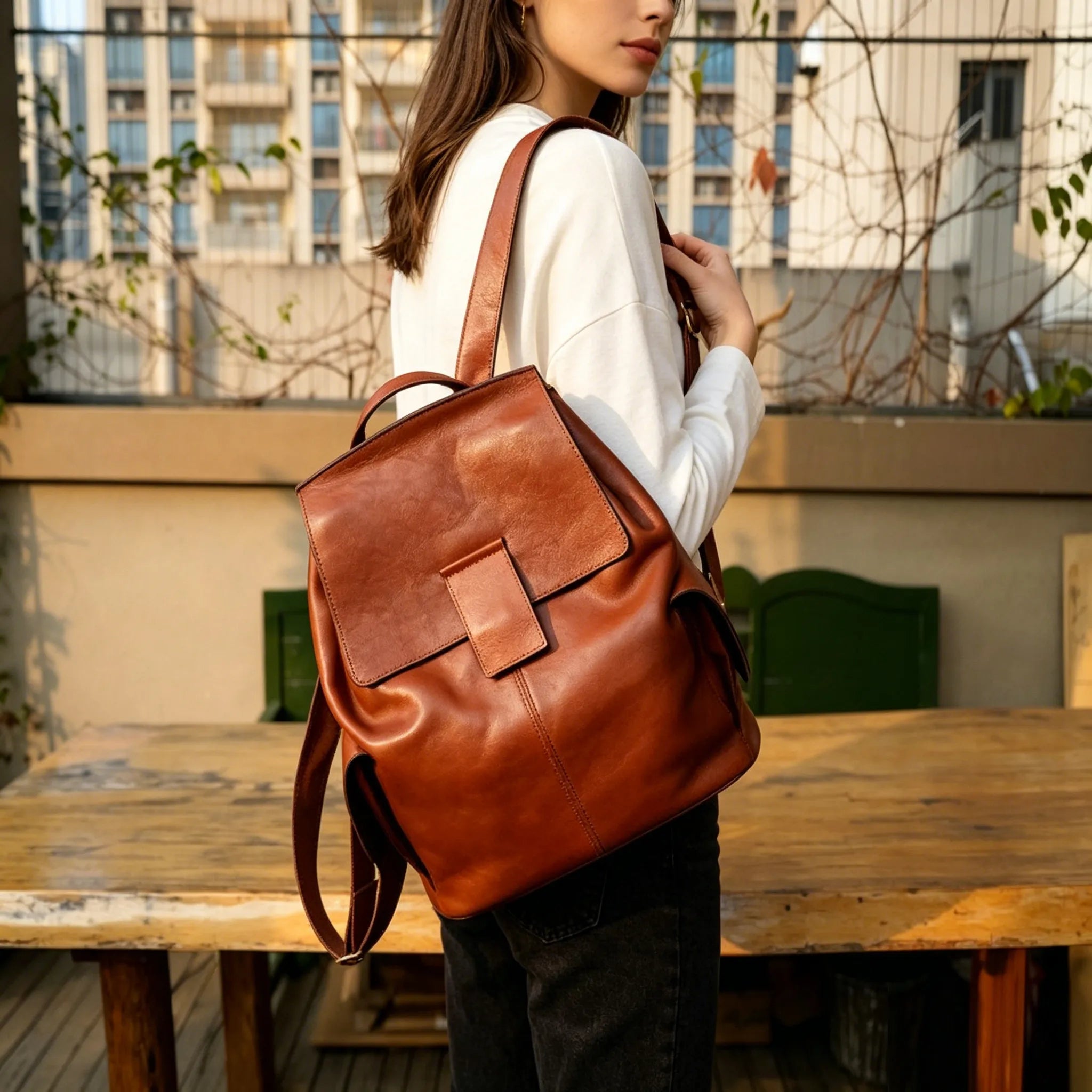 Minimalist Large Capacity Flap Black Top Grain Leather Backpack