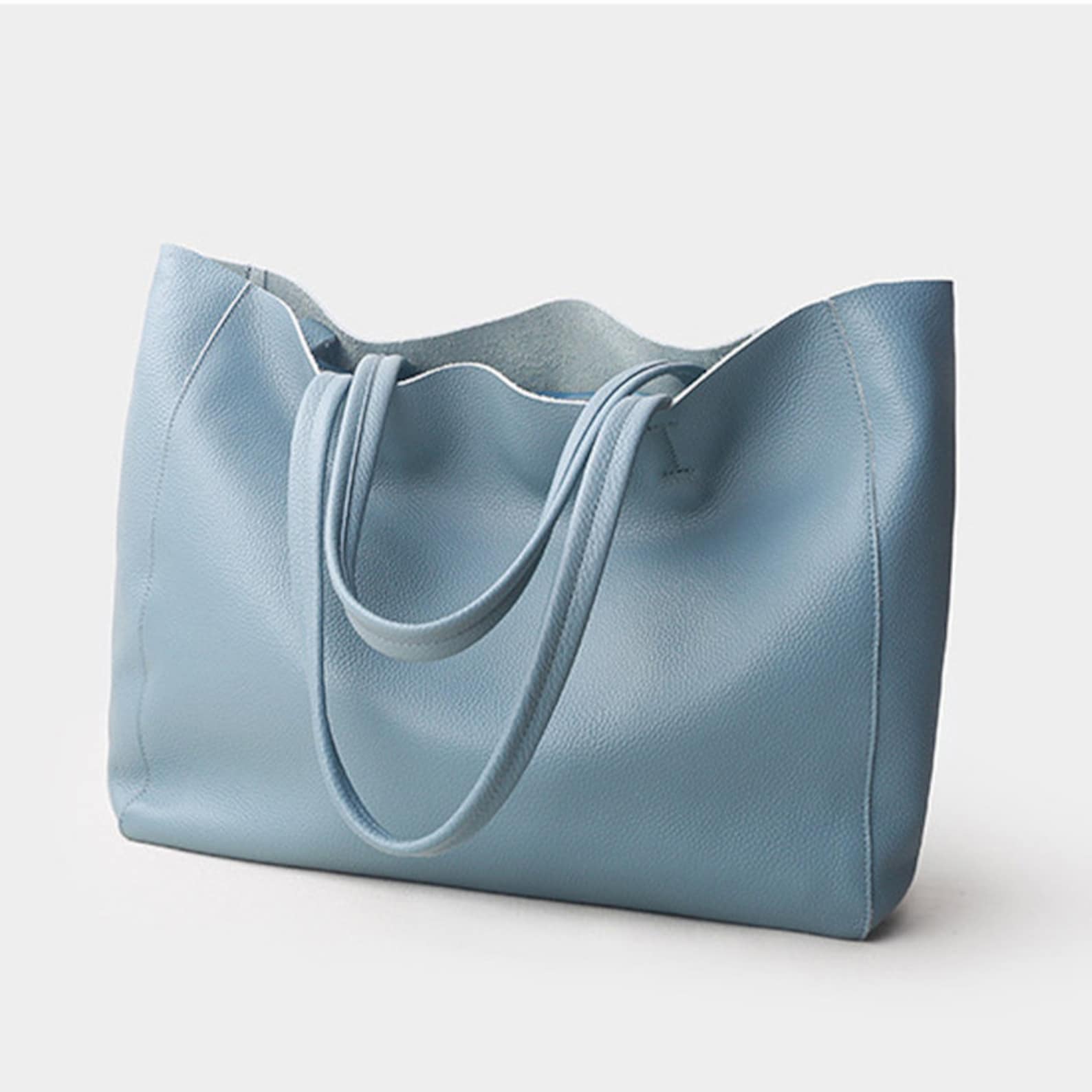 Minimalist Sky Blue Leather Tote Bag