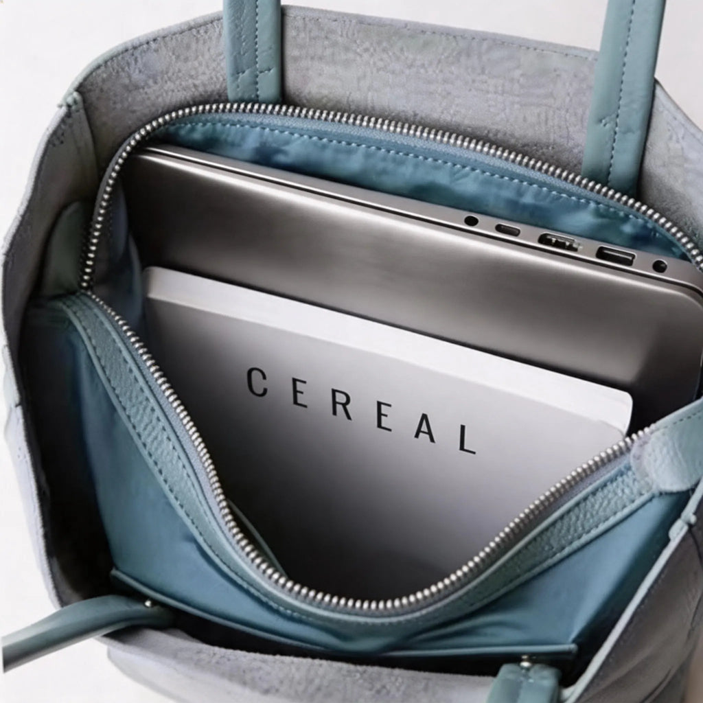 Close-up of a teal handbag with a laptop inside, featuring the brand 'CEREAL'.