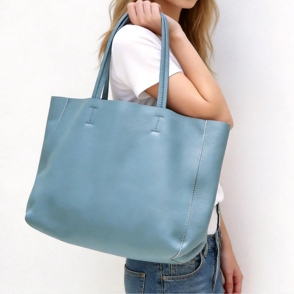 Minimalist Sky Blue Leather Tote Bag