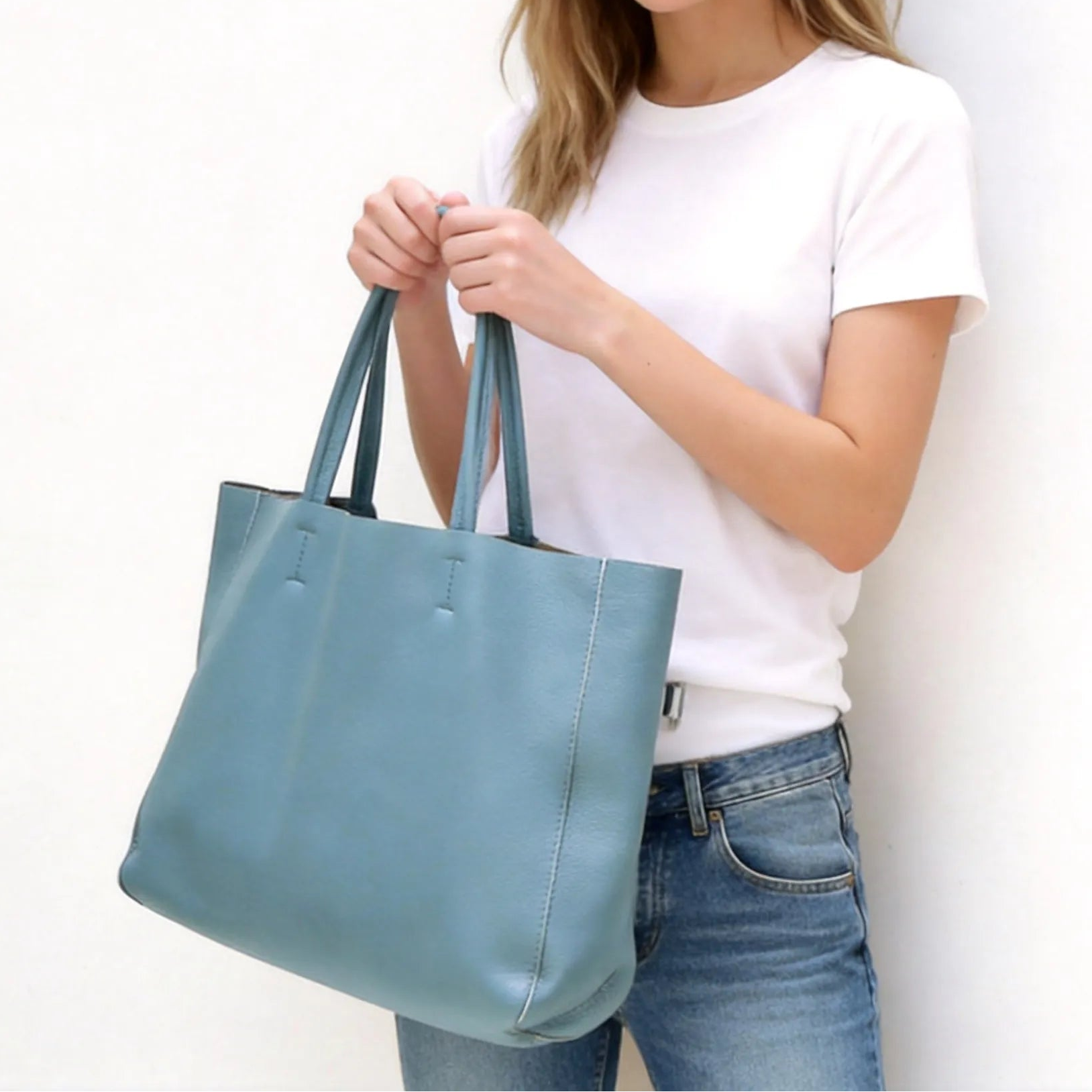 Minimalist Sky Blue Leather Tote Bag