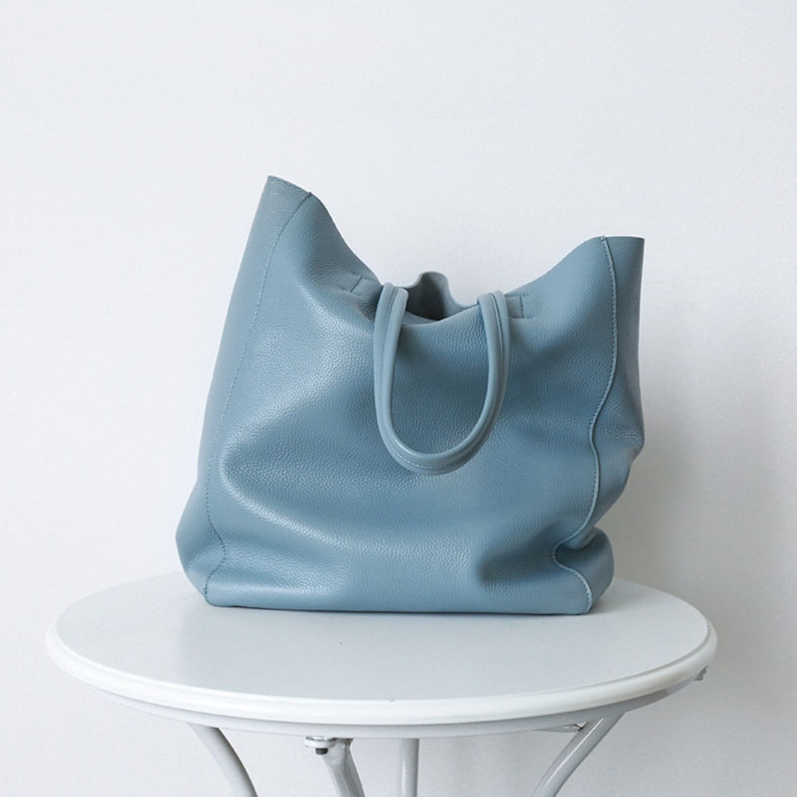 Minimalist Sky Blue Leather Tote Bag