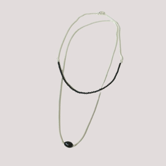 Modern Black Beaded Silver Long Layering Necklace