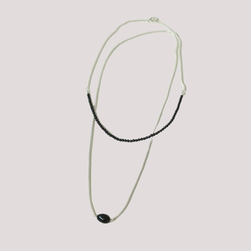 Modern Black Beaded Silver Long Layering Necklace