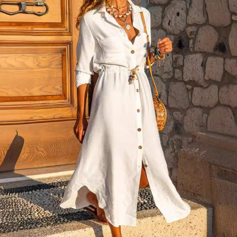 Casual Simplicity Turndown Collar Buttons Down Shirt Dress