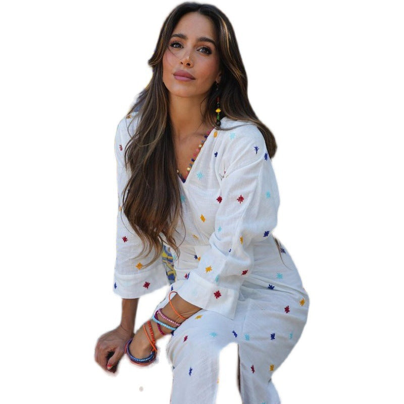 White V-neck Embroidery Long Sleeve Midi Dress