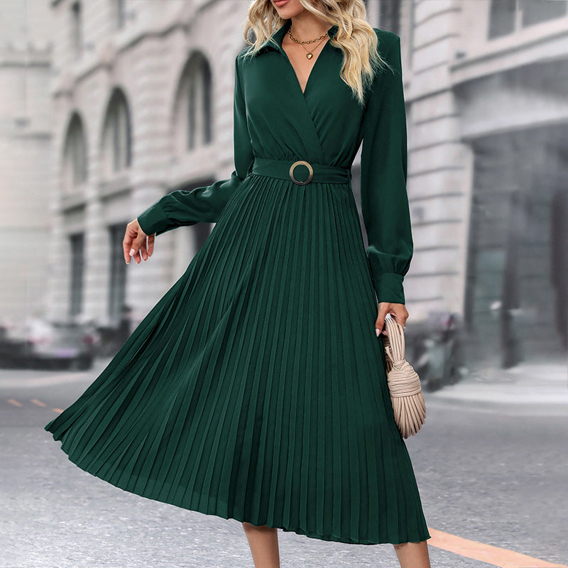 V-neck Long Sleeves Pleated Midi Dress