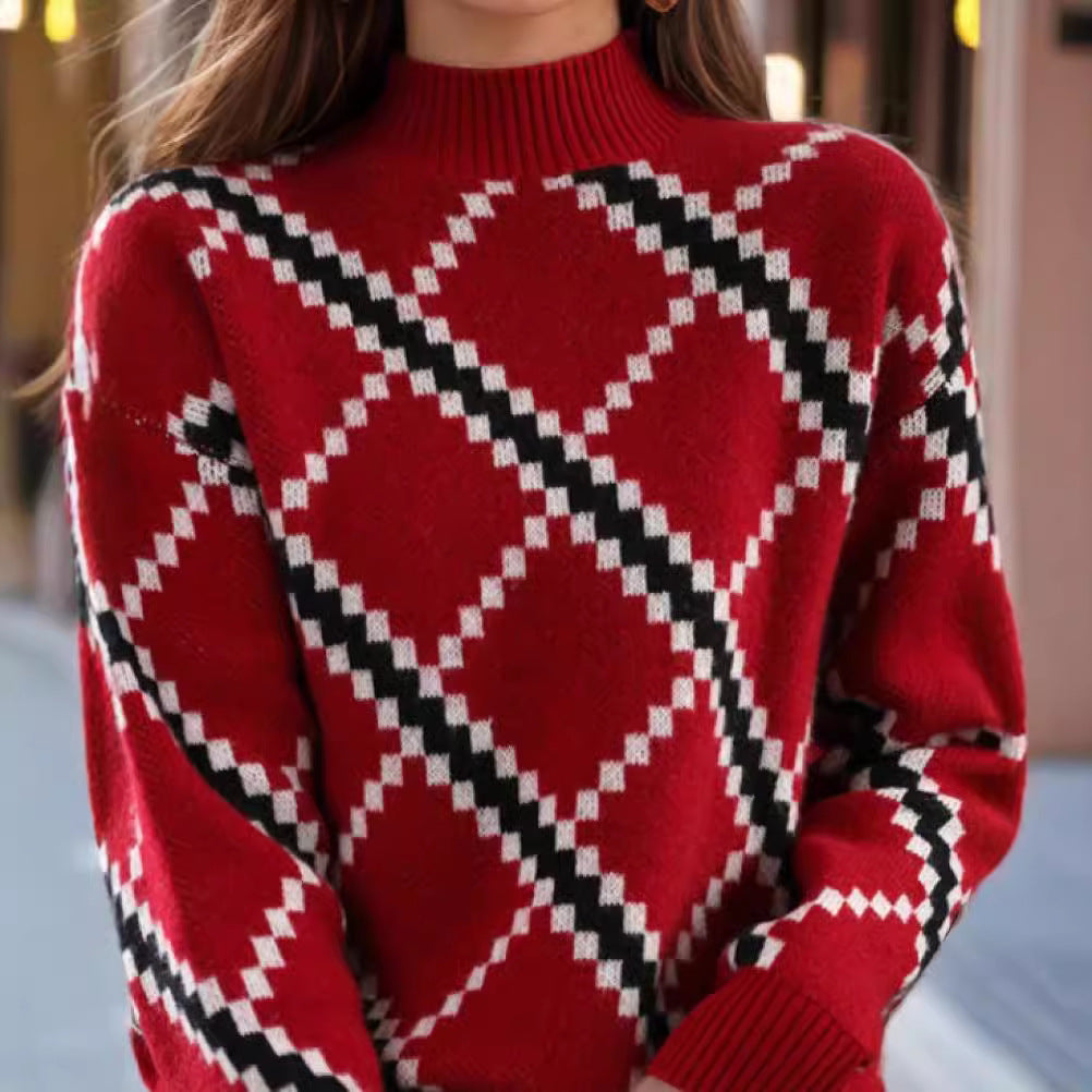 Vintage Half-Turtleneck Color-Block Jacquard Sweater