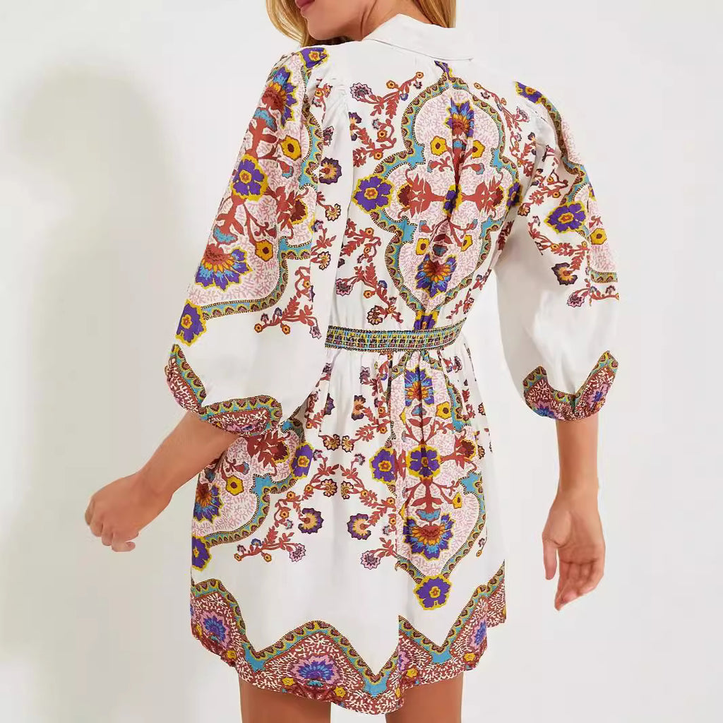 Ethnic Bohemian Long Sleeves Printed Pockets Mini Dress