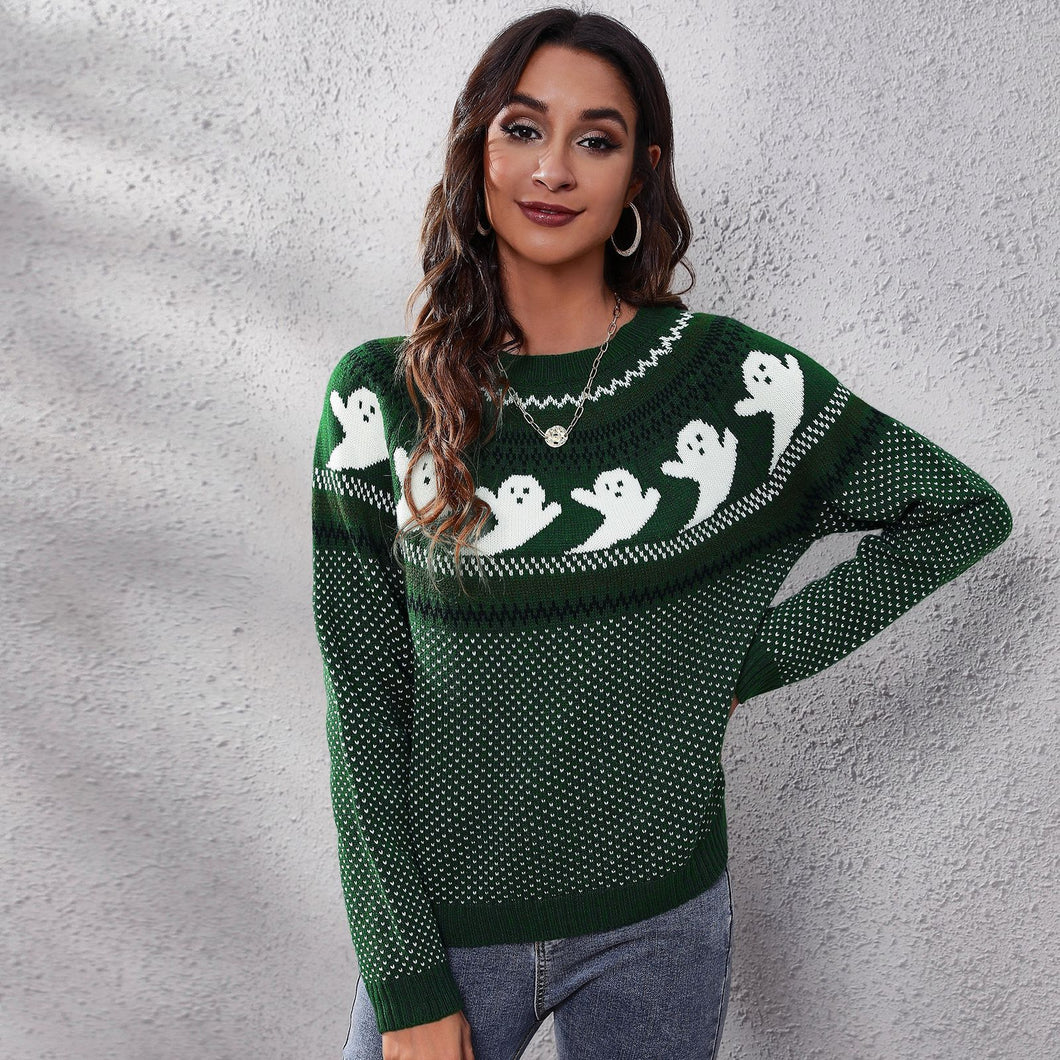 Ribbed Round Neck Ghost Long Sleeve Pullover Sweater