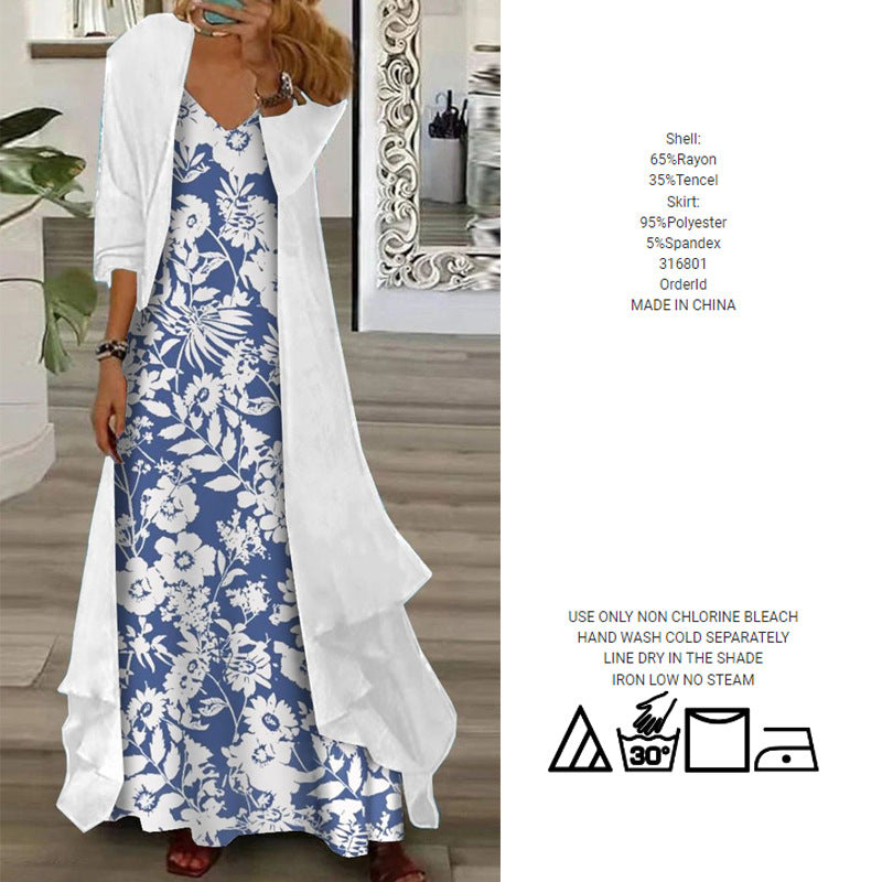Elegant Floral Print Maxi Dress With Outerwear Two Piece Dress