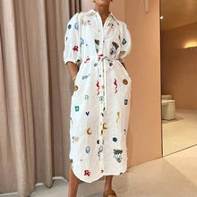 Load image into Gallery viewer, Casual Letter Print Digital Pocket Turndown Collar Shirt Midi Dress
