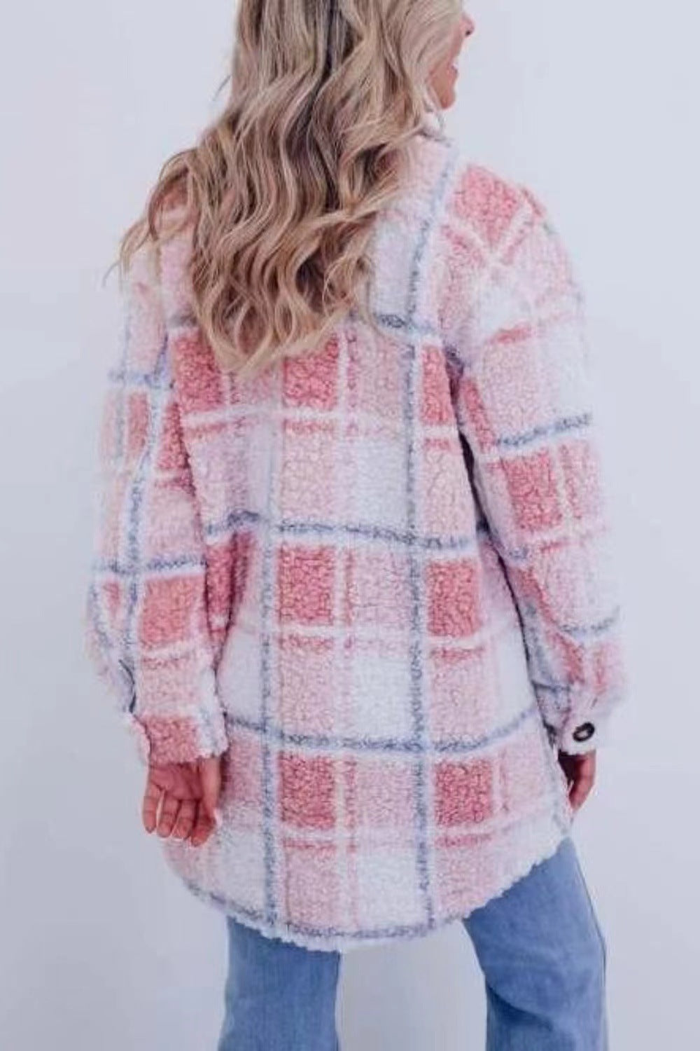 Collar Long Sleeve Teddy Plaid Wool Jacket
