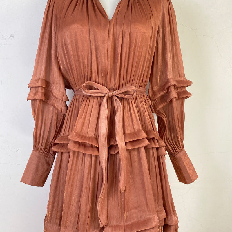 Elegant Lantern Long Sleeves V-Neck Pleated Tiered Maxi Dress