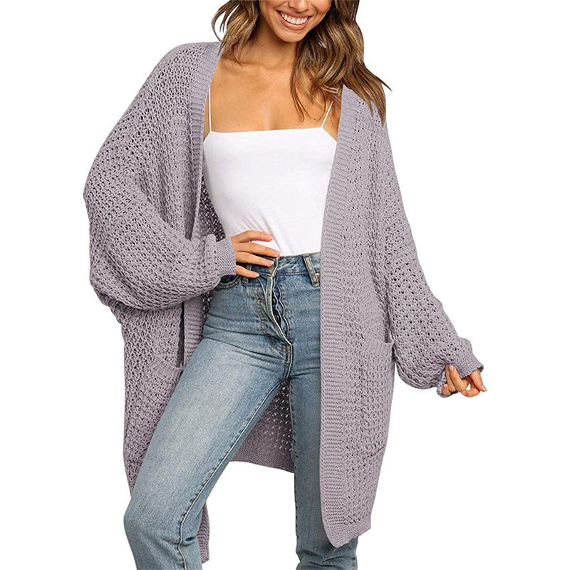 Casual Solid Pocket V Neck Top Sweater Cardigan