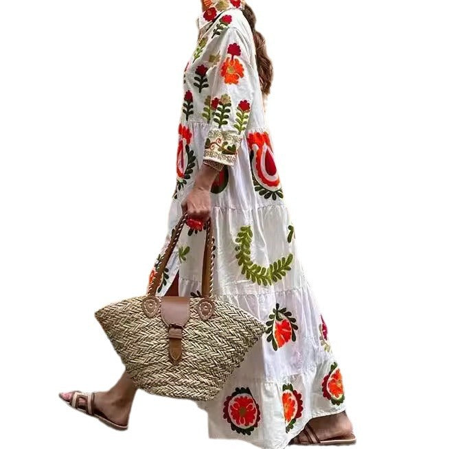 Botanical Print Lapel Ruffled Resort Maxi Dress
