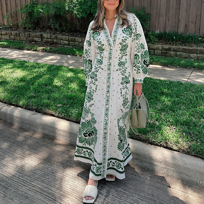 Forest Soul Unique Print Button Down Long Sleeve Shirt Maxi Dress