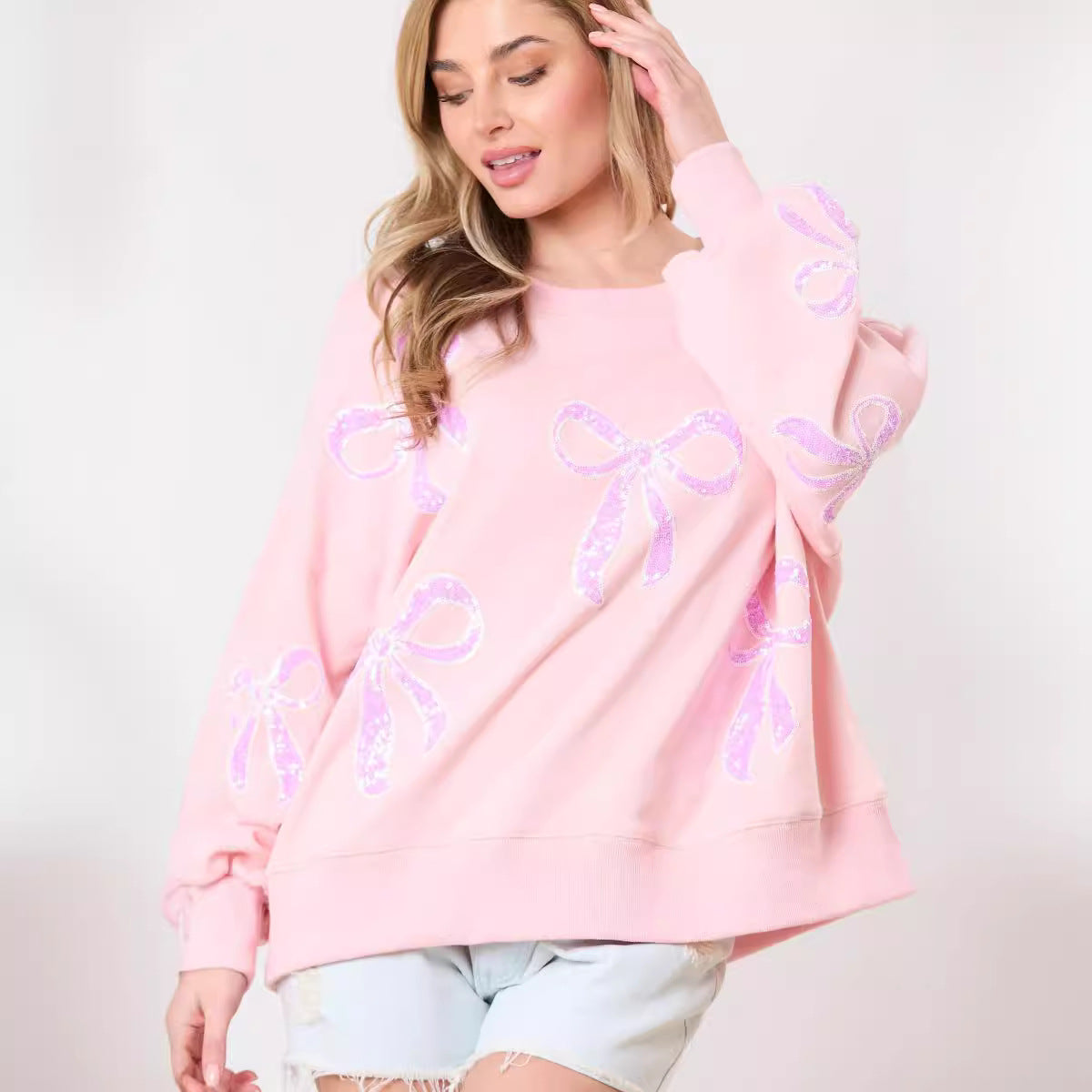 Pink Bow Sequins Long Sleeve Sweatshirt