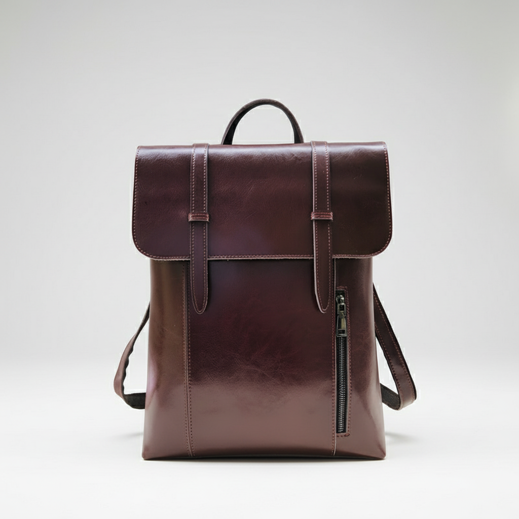 Coffee Zipper Leather Backpack for Women