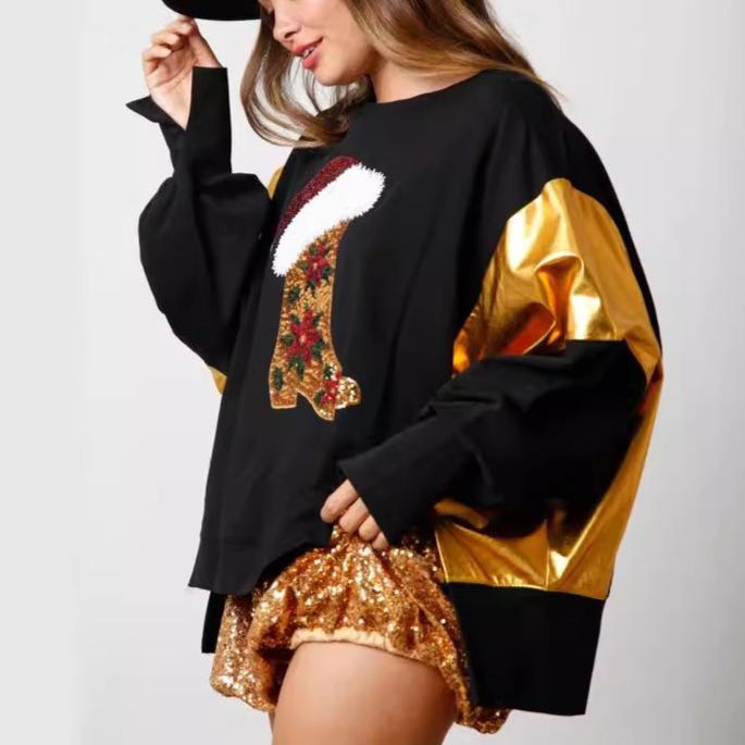 Christmas Sequined  Boots Long-sleeved Casual Sweatshirt