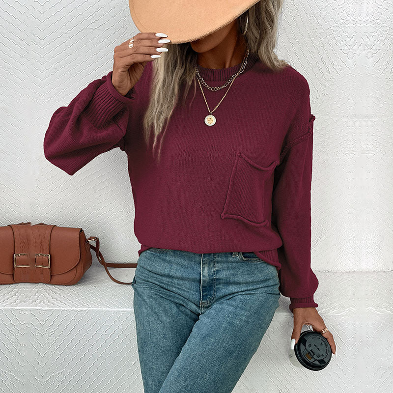 Casual Pockets Round Neck Pullovers Long Sleeve Sweater