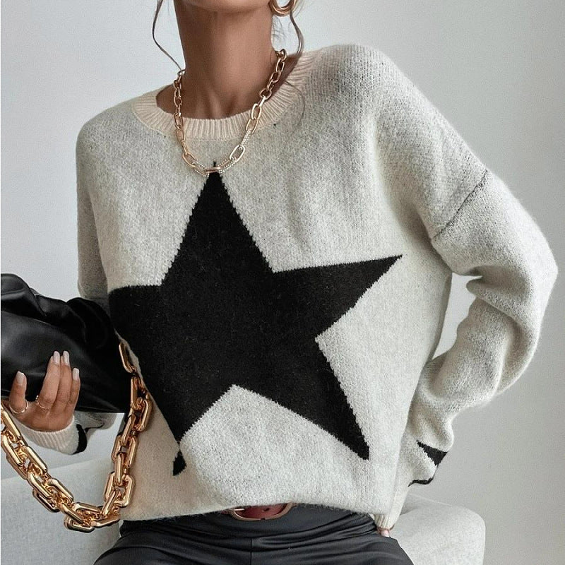 Casual Long Sleeve Crewneck Star Print Pullover Knit Sweater Top