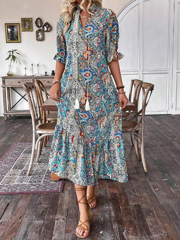 Boho Print Half Sleeves Loose Midi Dress