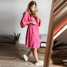 Load image into Gallery viewer, Leopard Print Elasticated V Neck 3/4 Puff Sleeve Mini Dress

