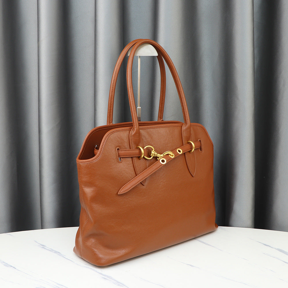 Top Grain Large Leather Tote Bag With Drawstring Buckle