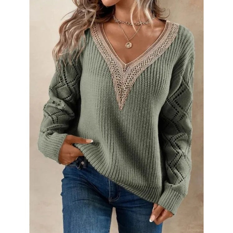 Long Sleeve V-neck Lace Patchwork Sweater